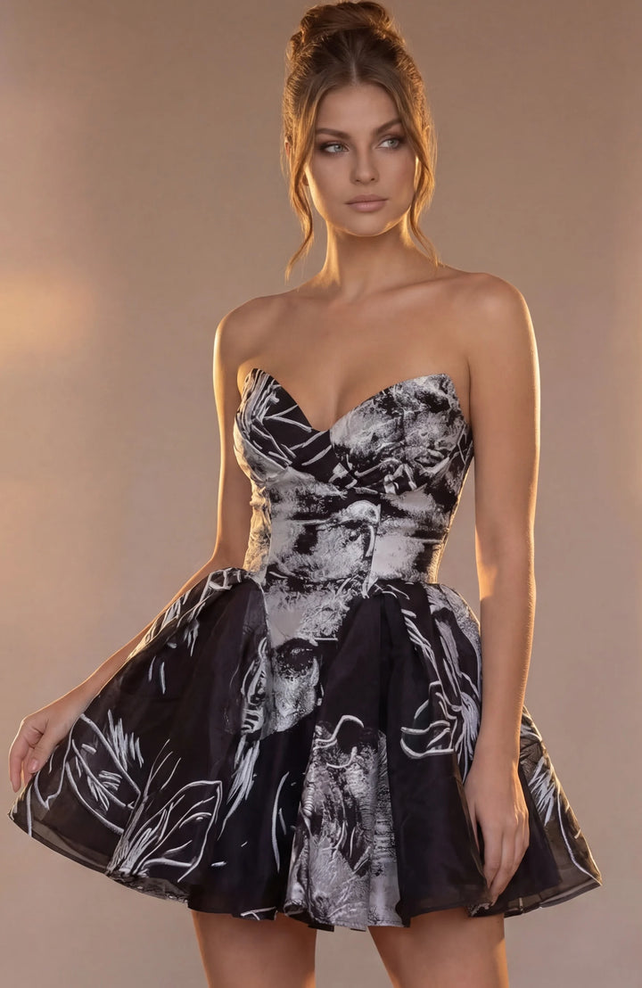 Jovani 51778 Floral Strapless Lace Up Mini Dress - FOSTANI.com