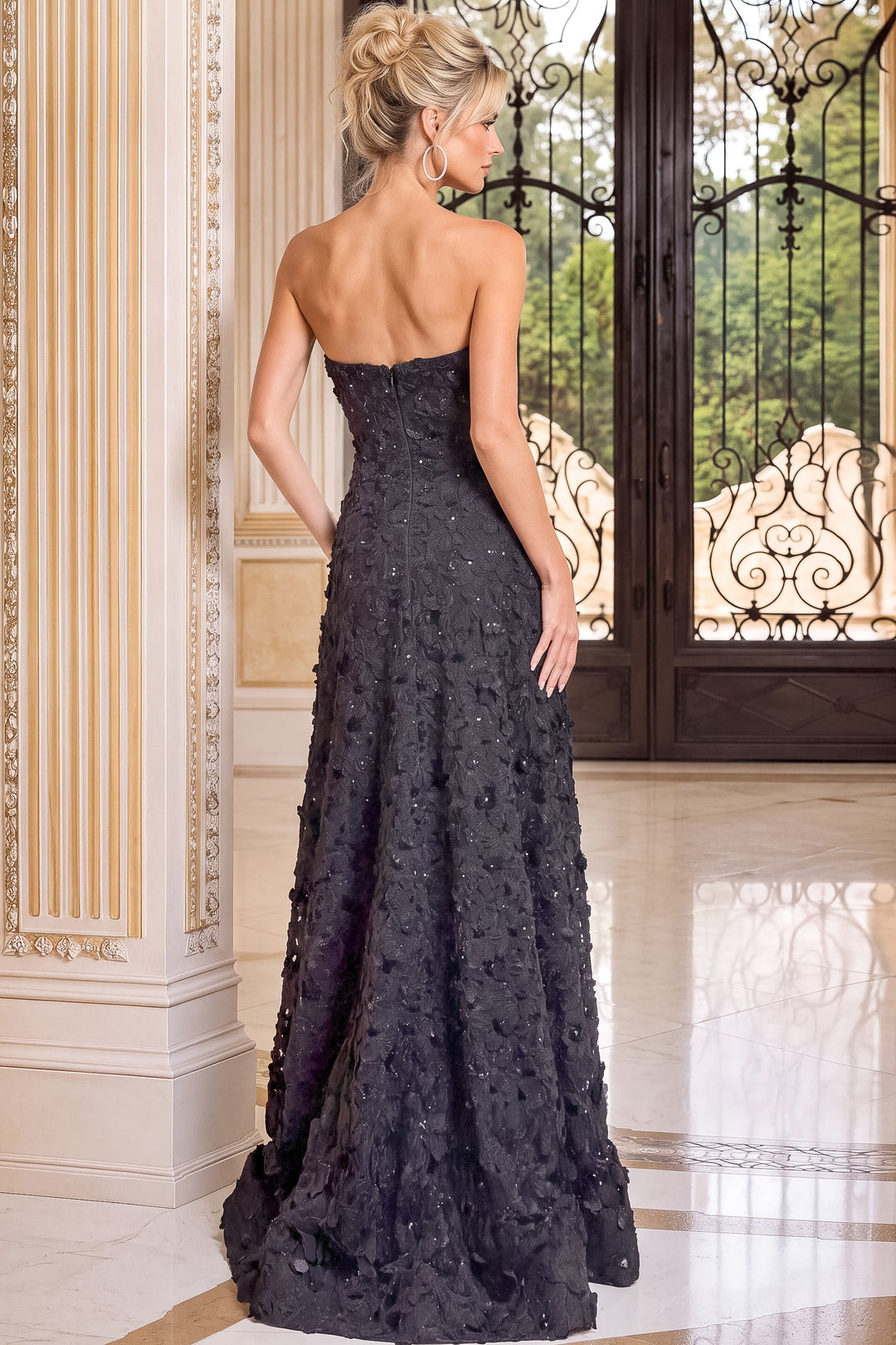 Jovani 51811 Black Strapless Textured Mermaid Evening Gown Back - FOSTANI.com