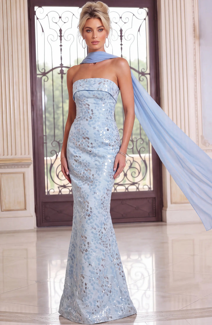 Jovani 51906 strapless column gown with chiffon scarf view 3