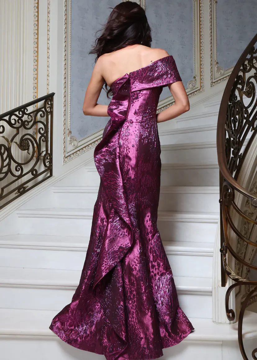 Jovani 51944 one shoulder draped mermaid gown back view