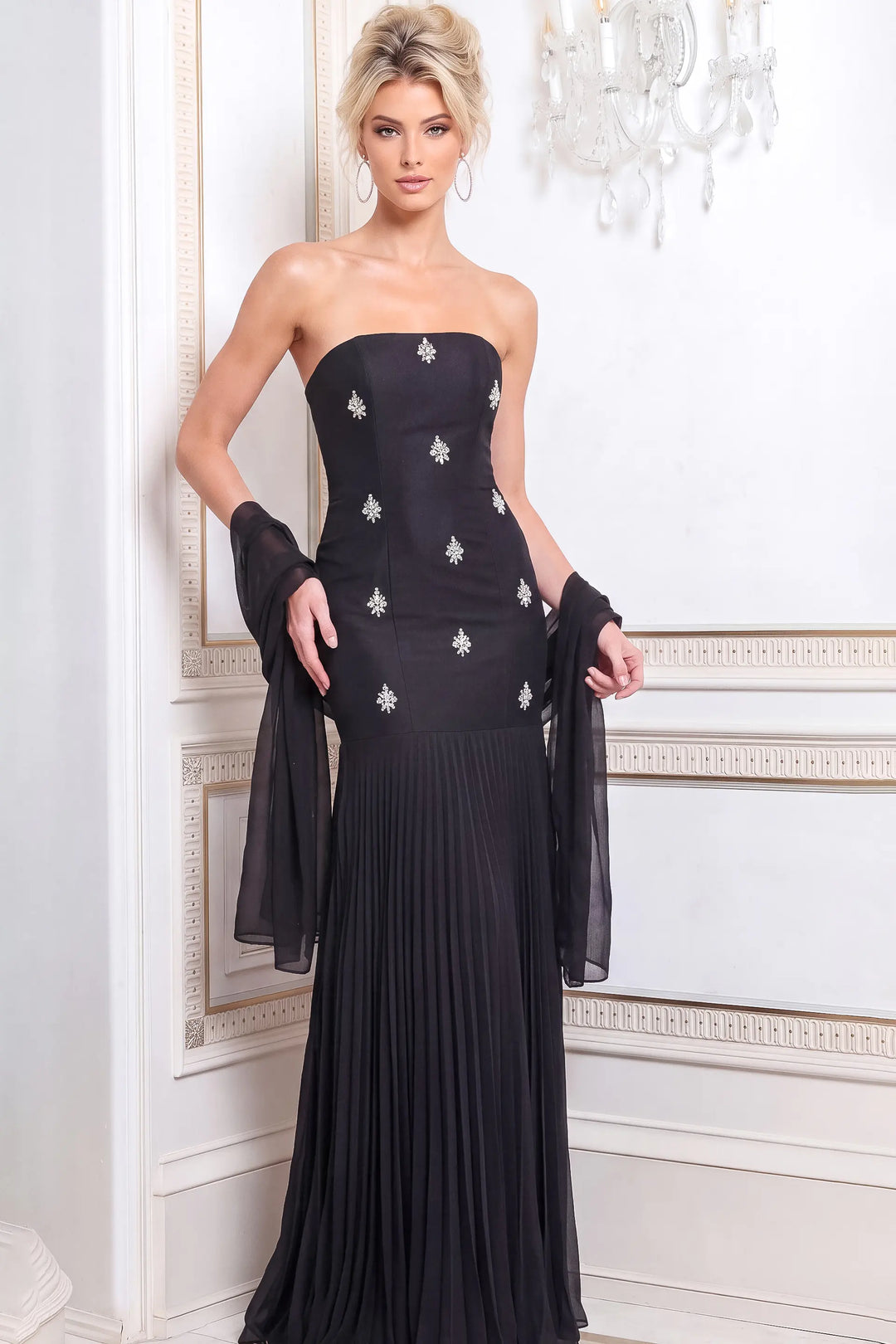 Jovani 51964 strapless beaded column gown front view