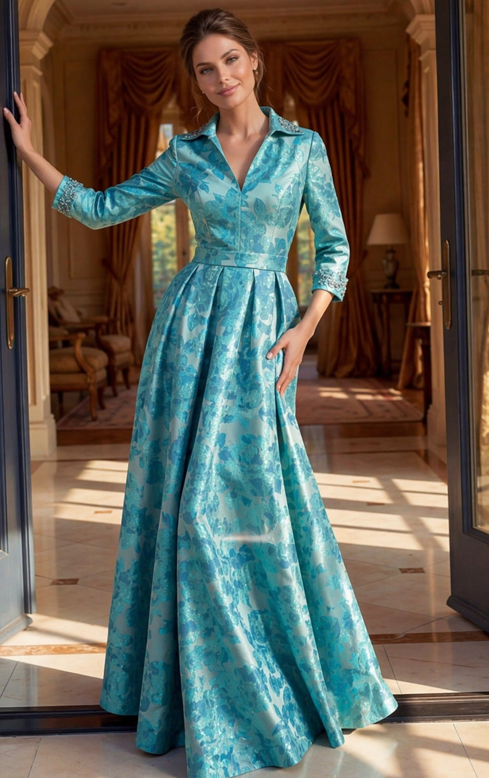 Jovani 52089 collared long sleeve A-line gown, angle