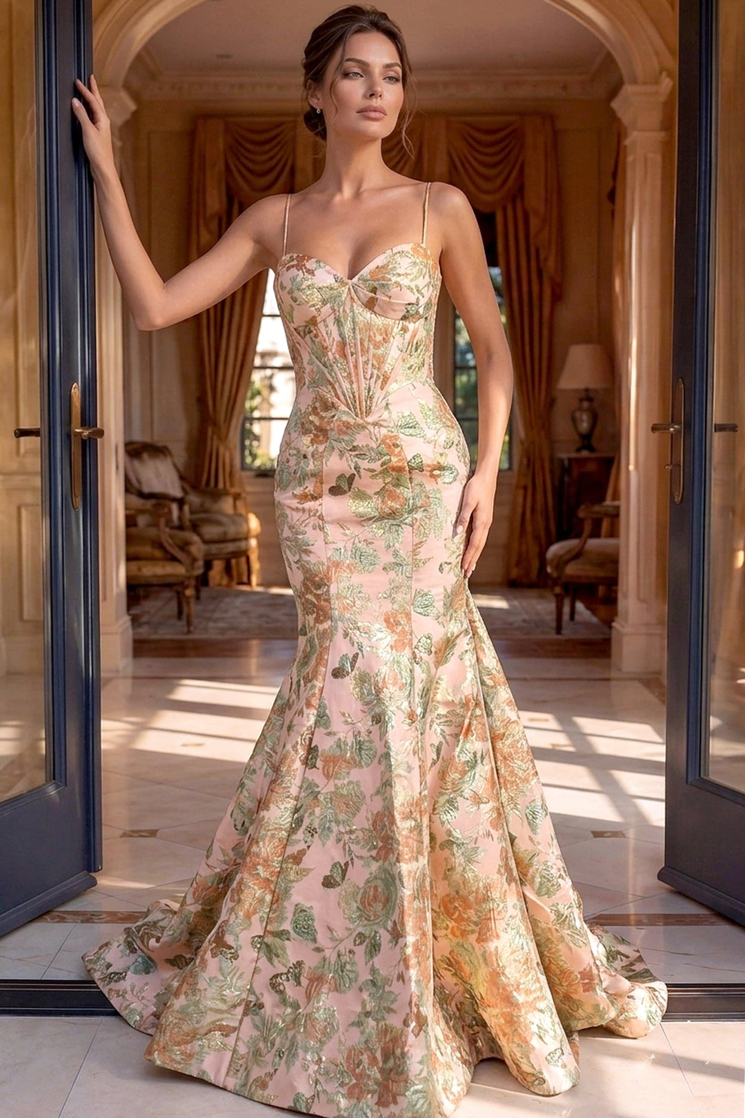 Jovani 52175 sweetheart corset tiered floral trumpet gown, front