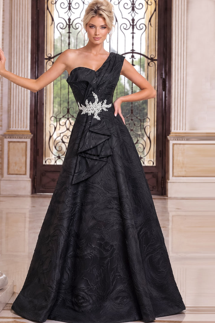 Jovani 52358 Black One Shoulder Beaded Waist A-Line Gown Detail - FOSTANI.com