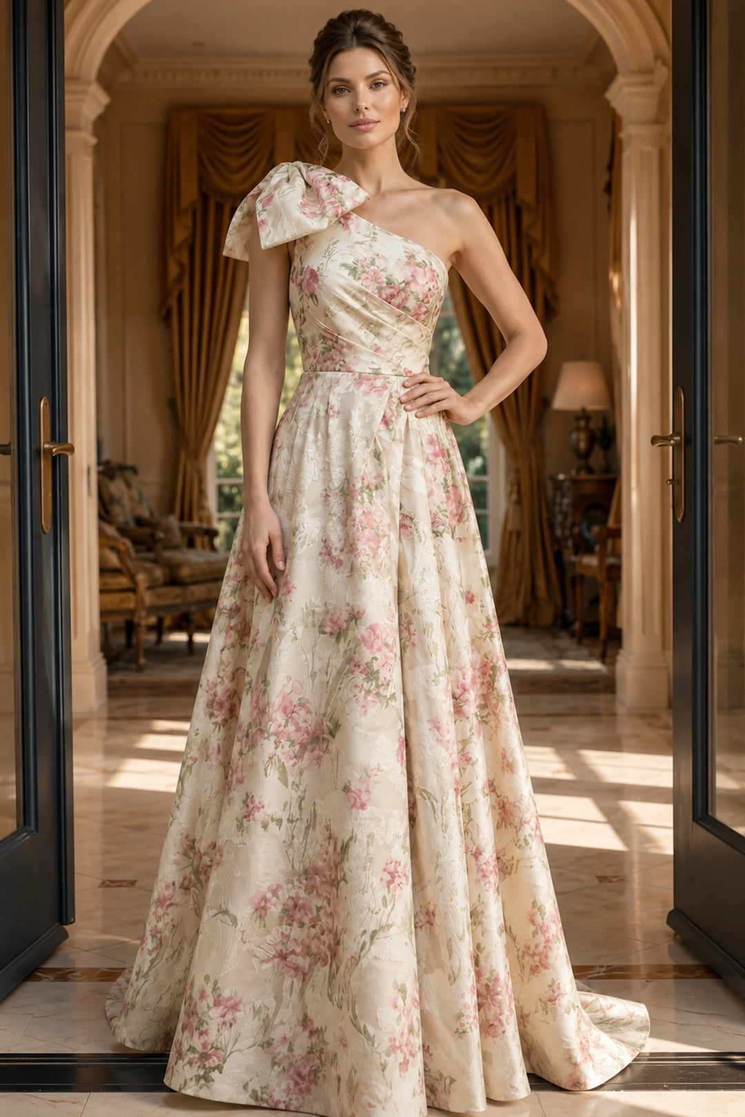 Jovani 52378 Floral Print One Shoulder Bow A Line Gown - FOSTANI.com