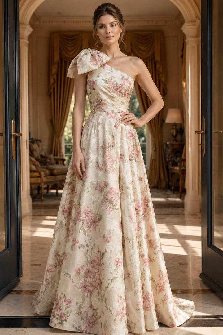 Jovani 52378 Floral Print One Shoulder Bow A Line Gown - FOSTANI.com