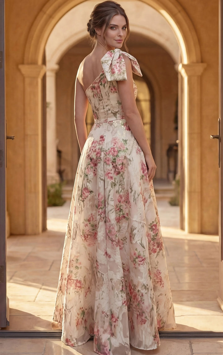 Jovani 52378 Floral Print One Shoulder Bow A Line Gown - FOSTANI.com