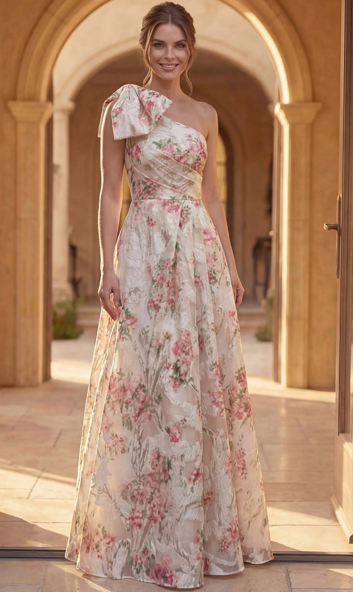 Jovani 52378 Floral Print One Shoulder Bow A Line Gown - FOSTANI.com