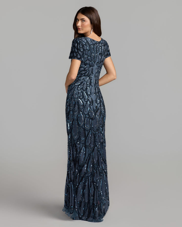 Mac Duggal 5243 Beaded Embellished V Neck Cap Sleeve Column Dress