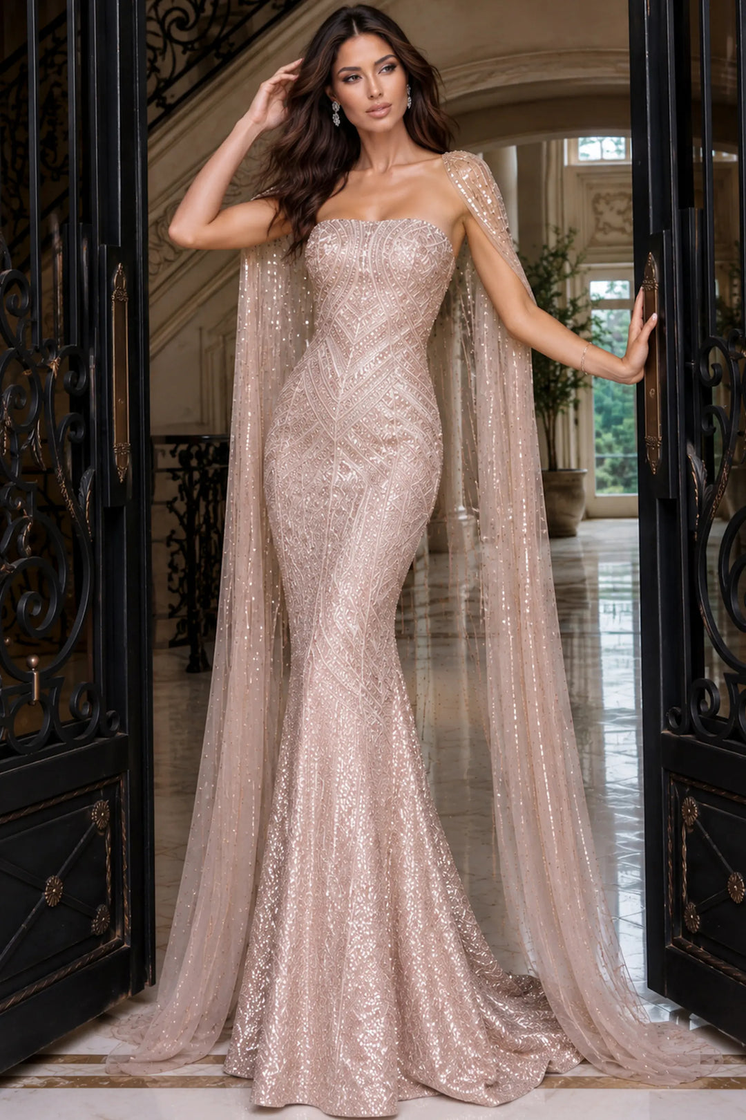 Jovani 52485 Strapless Sequin Sheath Gown with Sheer Cape