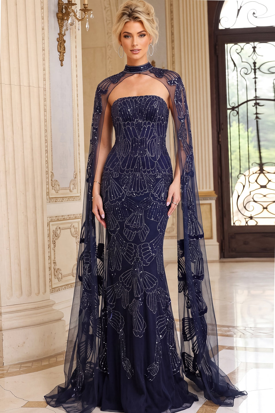 Jovani 52486 Strapless Beaded Cape Mermaid Evening Gown - FOSTANI.com