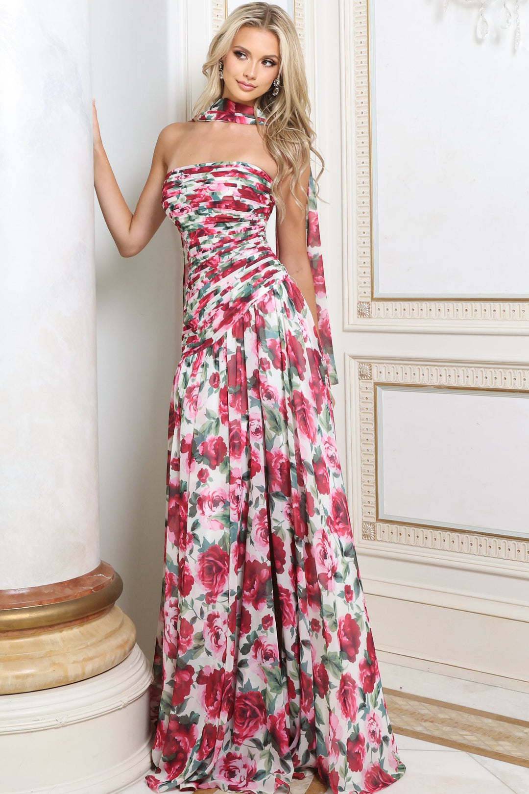 Jovani 52658 Strapless Rose Print A-Line Gown with Neck Scarf front view