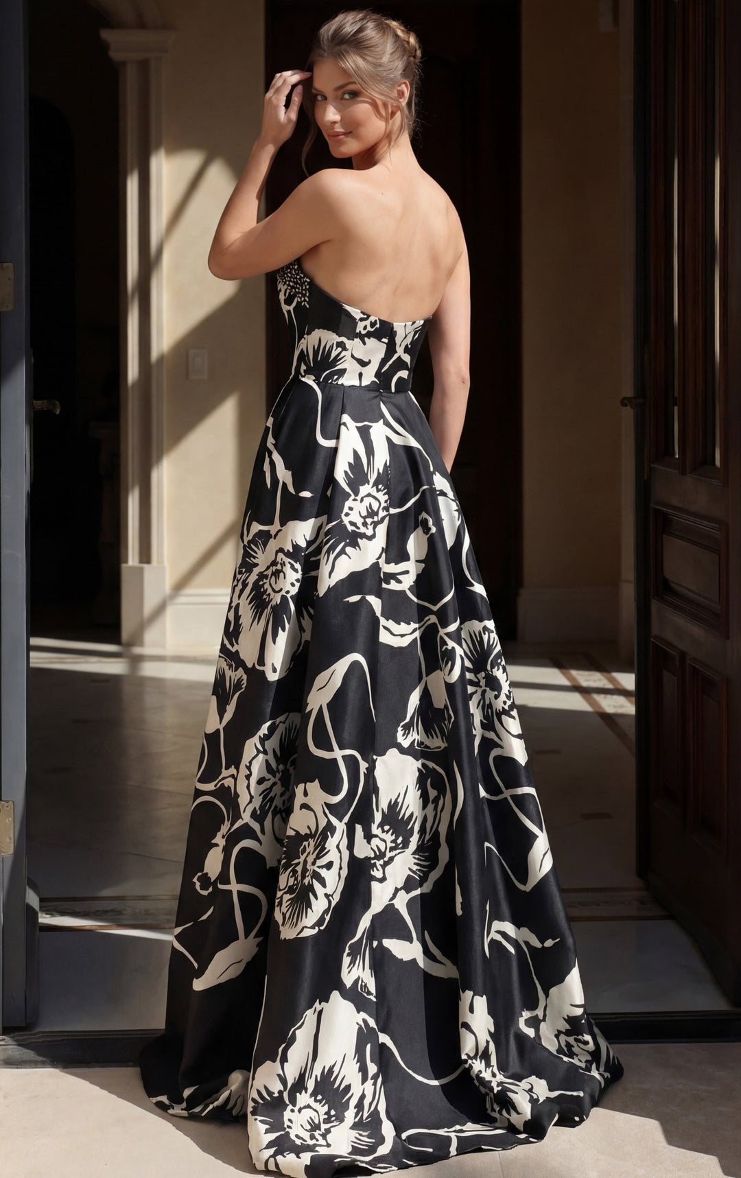 Jovani 52665 one-shoulder floral print A-line gown, back