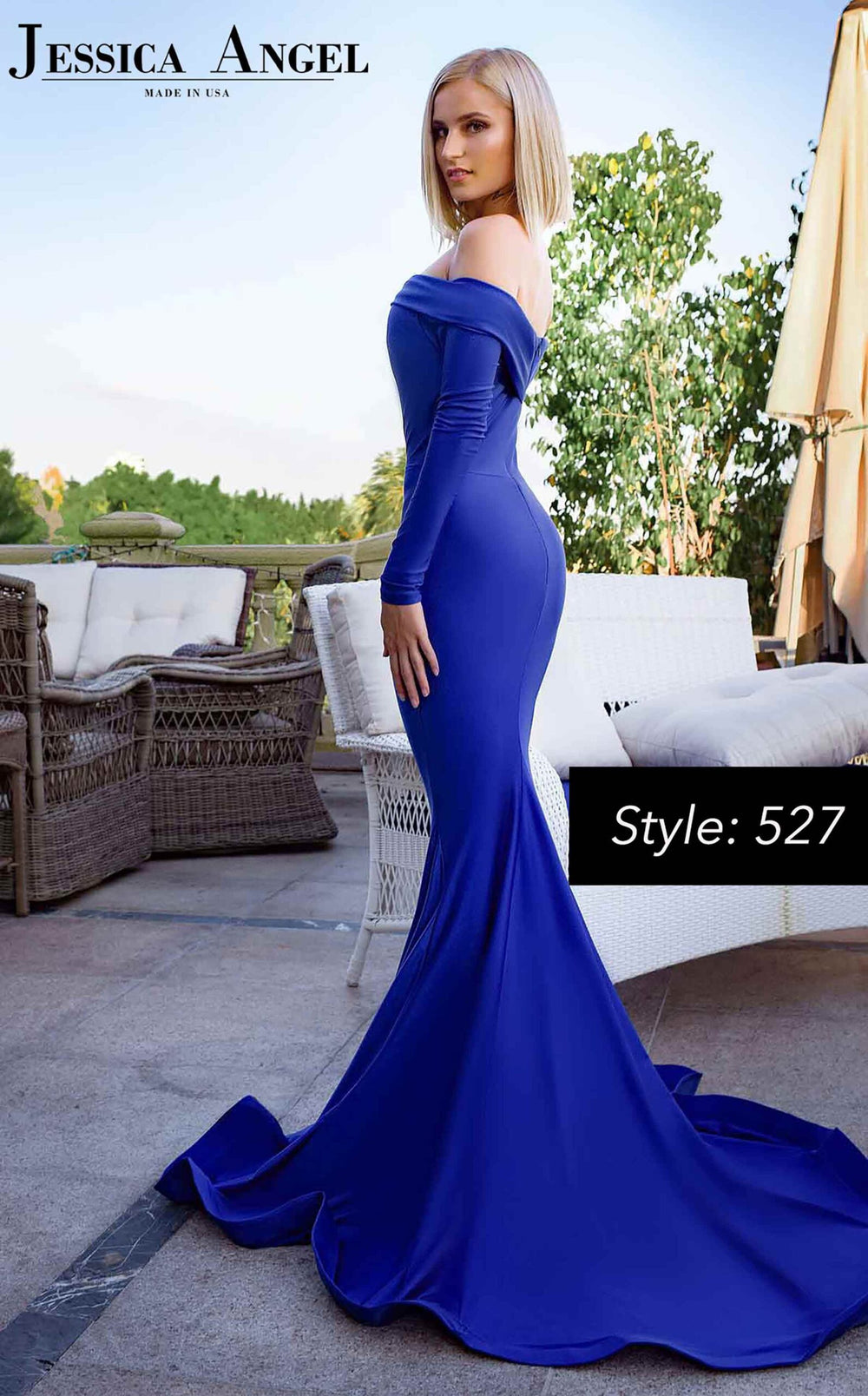 Jessica Angel 527 off shoulder long sleeve jersey mermaid gown back view