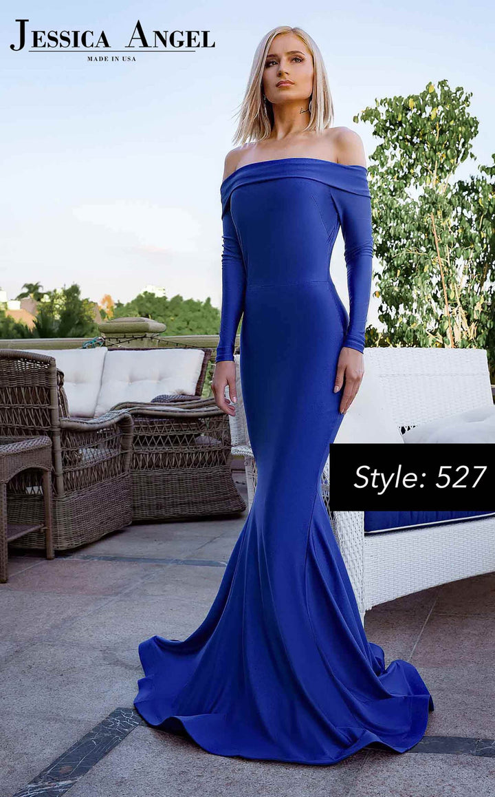 Jessica Angel 527 off shoulder long sleeve jersey mermaid gown front view