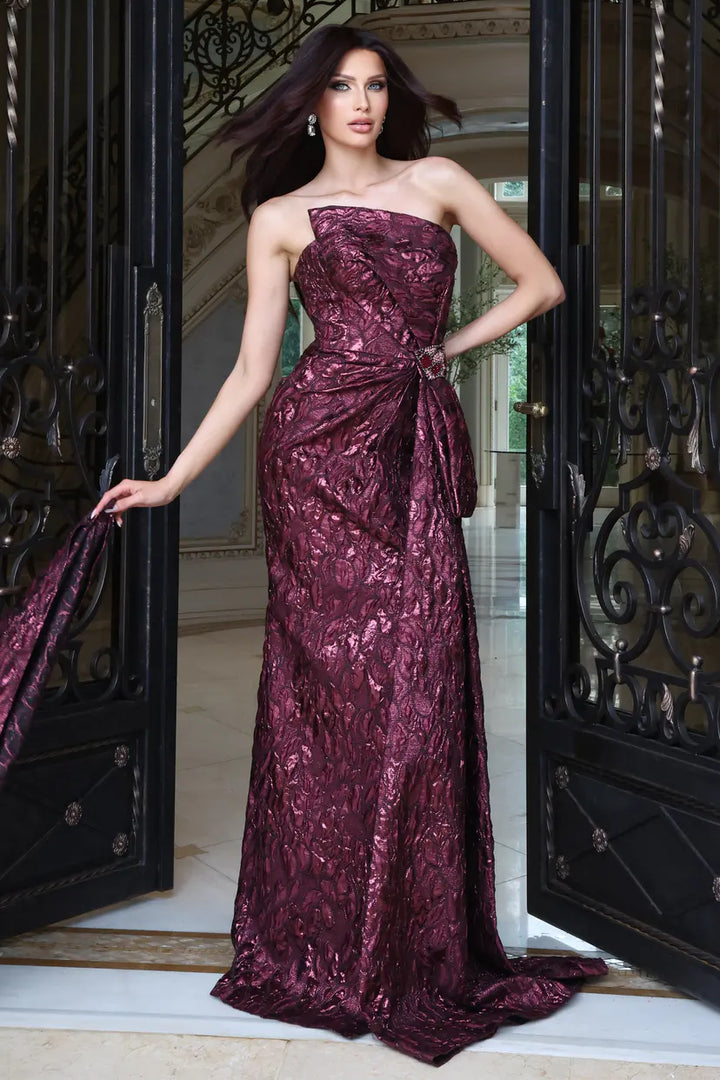 Jovani 53375 strapless asymmetric column gown with jeweled buckle front view