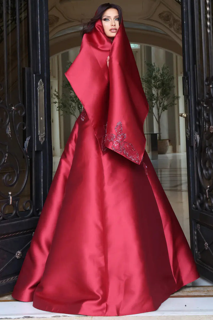 Jovani 53469 strapless floral appliqué ball gown with shawl detail view