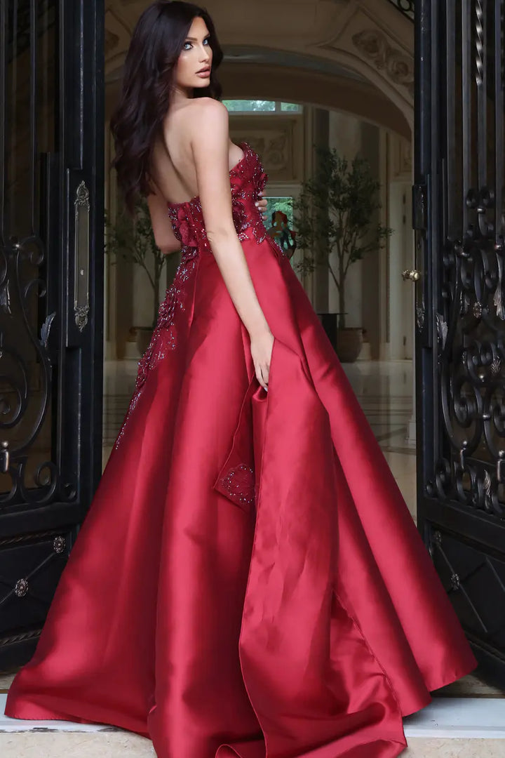 Jovani 53469 strapless floral appliqué ball gown with shawl back view