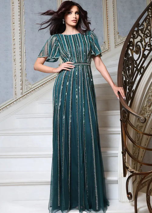 Jovani 54083 Beaded Stripe Flutter Sleeve A-Line Gown