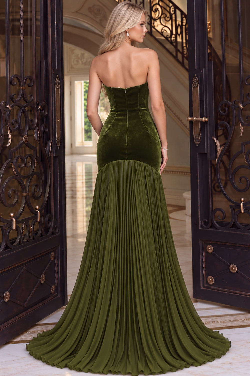 Jovani 54324 Strapless Mermaid Gown with Pleated Skirt back view