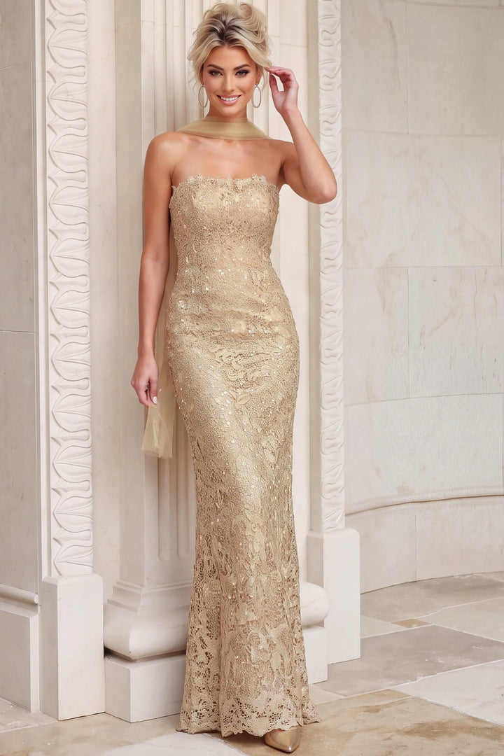 Jovani 54330 strapless lace column gown with high back slit view 3