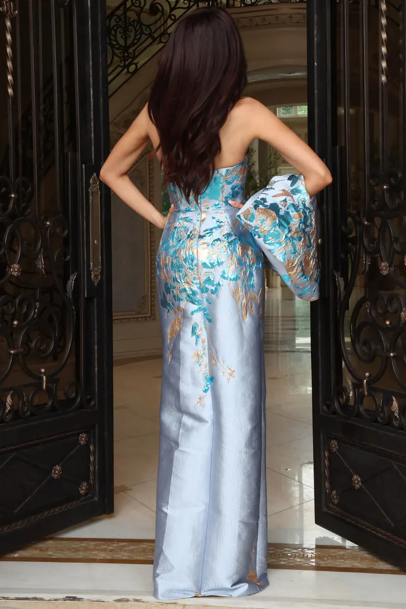 Jovani 54373 strapless floral column gown with shawl detail view
