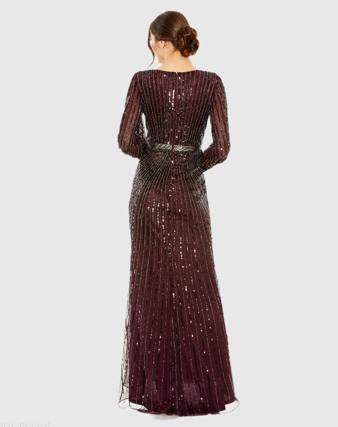 Mac Duggal 5501 Sequined Wrap Over Bishop Sleeve Gown