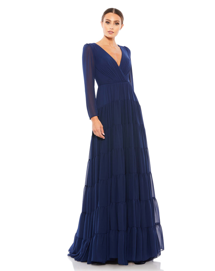 Faux Wrap Illusion Long Sleeve Tiered Gown