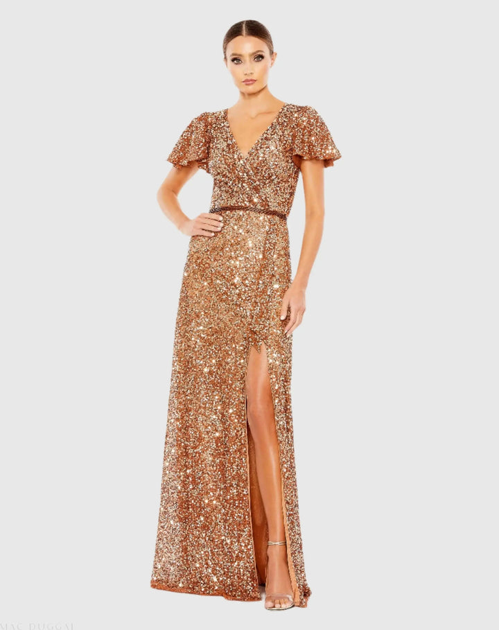 Mac Duggal 5540 Sequined Wrap Over Butterfly Sleeve Draped Gown
