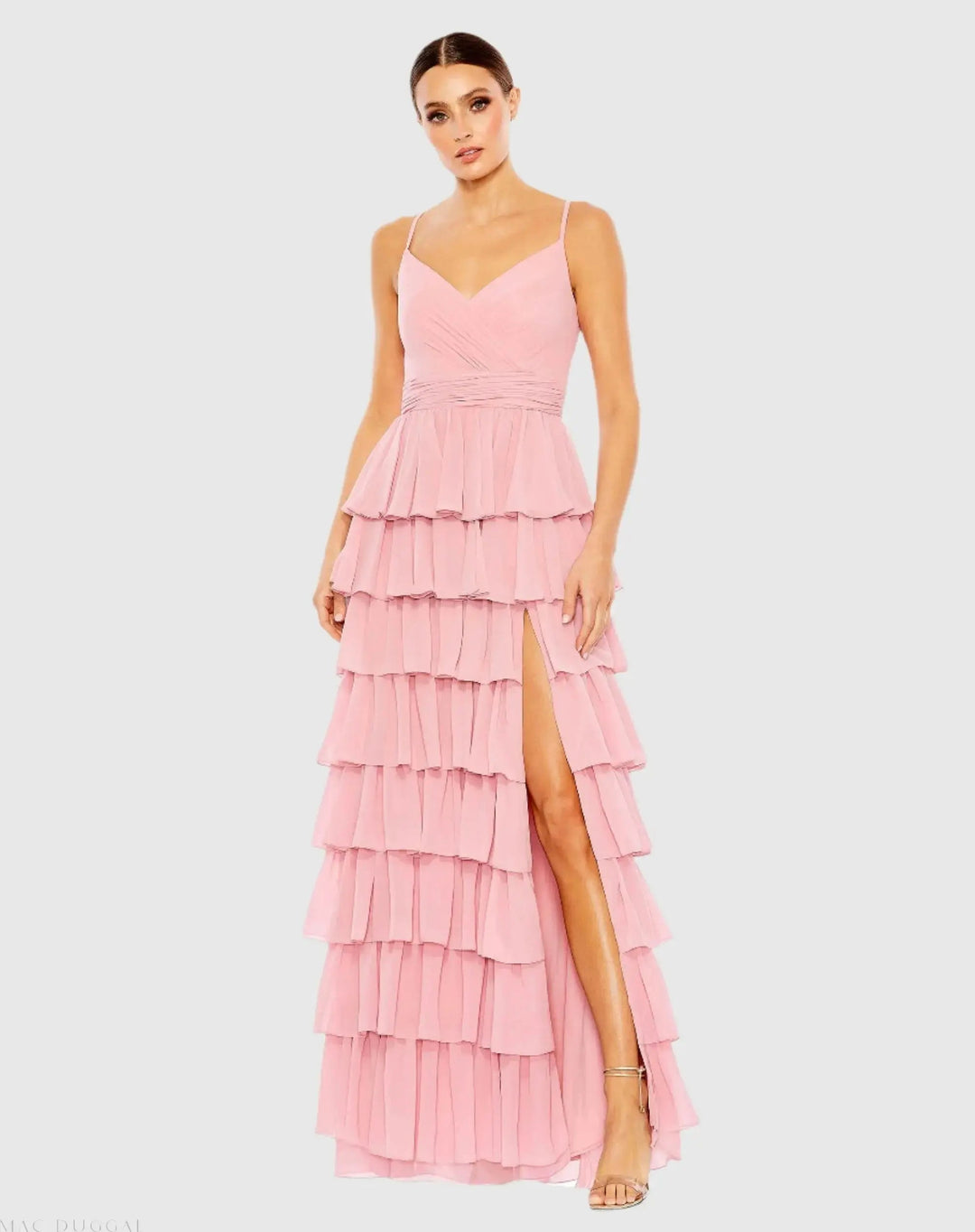 Pink V-Neck Sleeveless Gown with Ruffled Skirt - FOSTANI.com