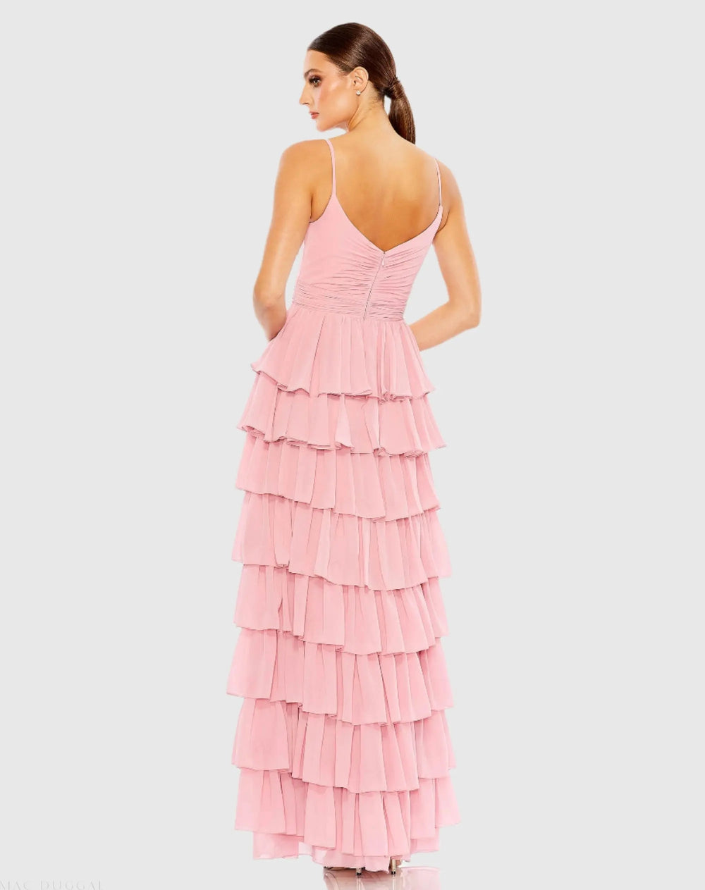Pink V-Neck Sleeveless Gown with Ruffled Skirt - FOSTANI.com