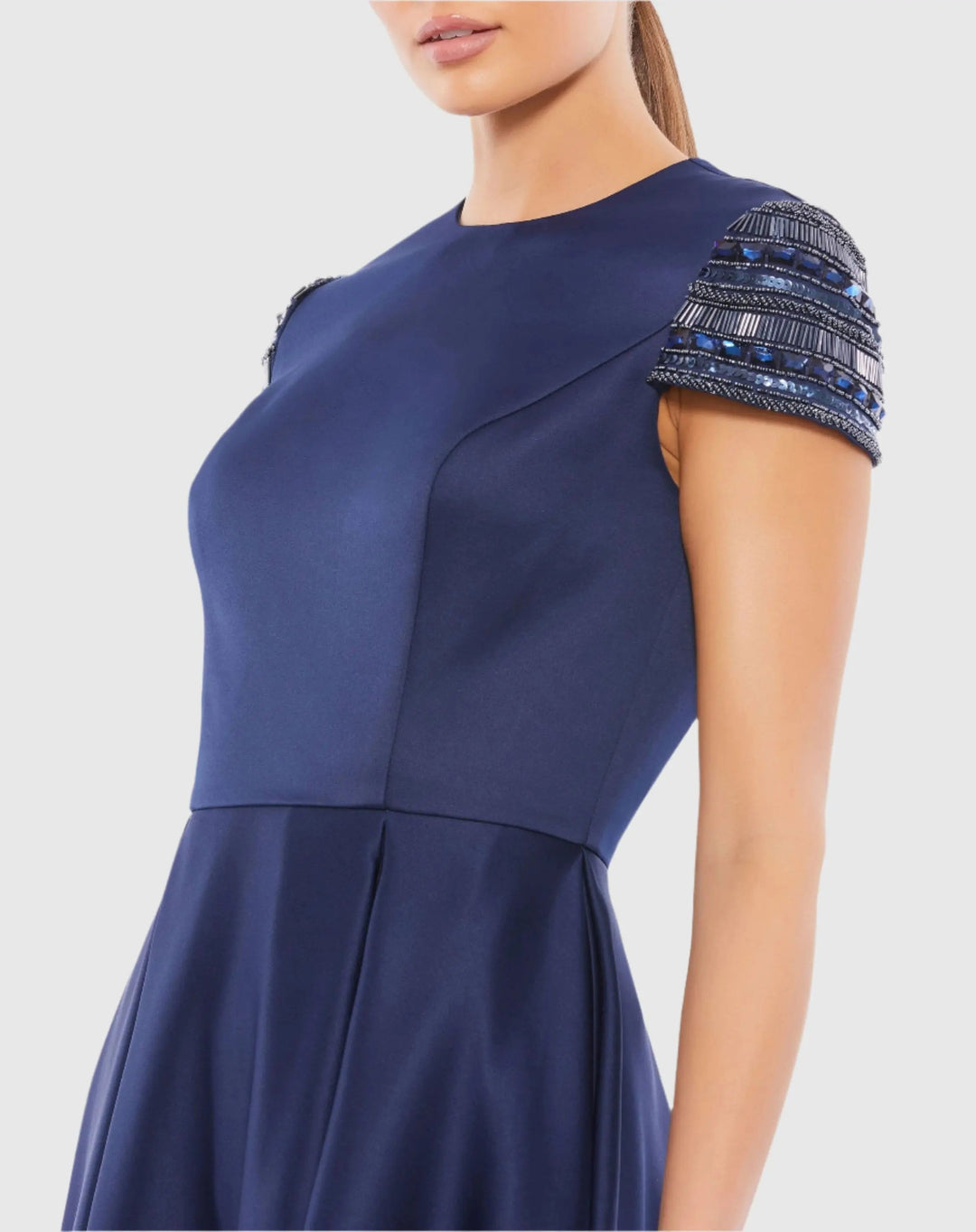 Mac Duggal 55699 High Neck Cap Sleeve Tea Length Dress