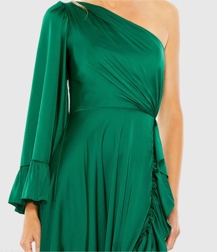 Mac Duggal 55950 Long One Sleeve Asymmetrical Ruffle Hem Gown