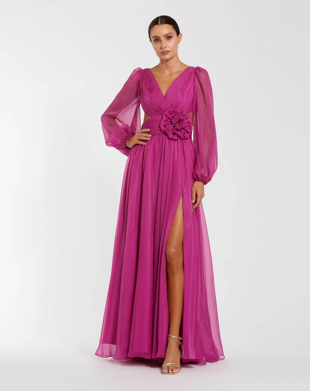 Pink Long Sleeve V-Neck Chiffon Gown With 3D Flower - FOSTANI.com