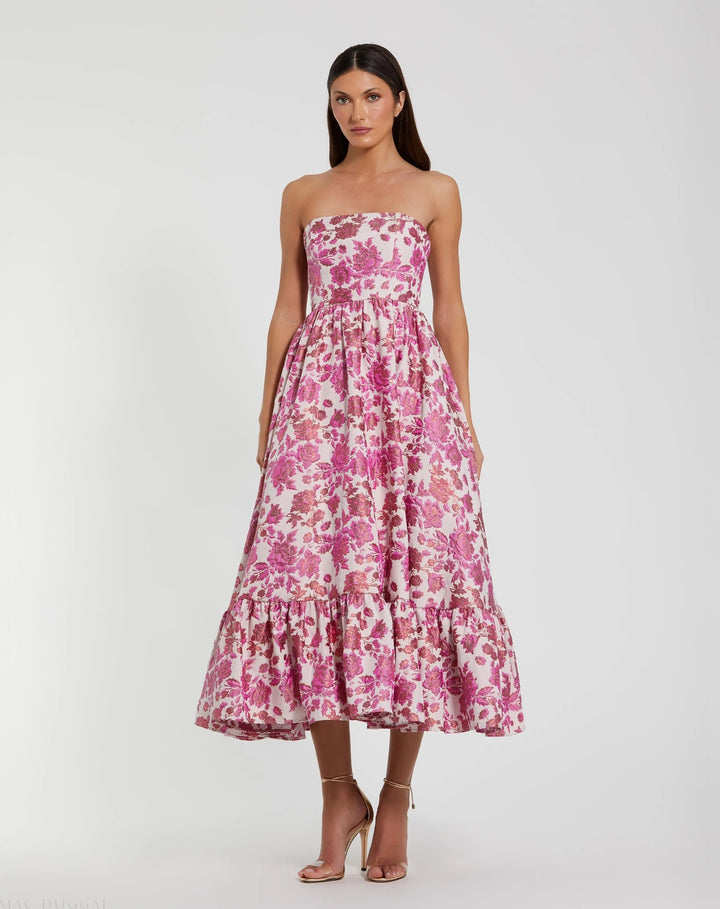 Pink Floral Brocade Strapless A Line Midi Dress - FOSTANI.com