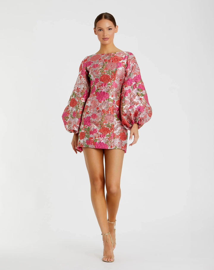 Pink Floral Brocade Balloon Sleeve Mini Dress - FOSTANI.com