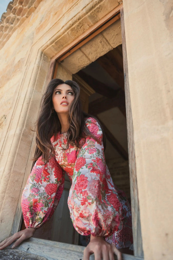 Pink Floral Brocade Balloon Sleeve Mini Dress - FOSTANI.com