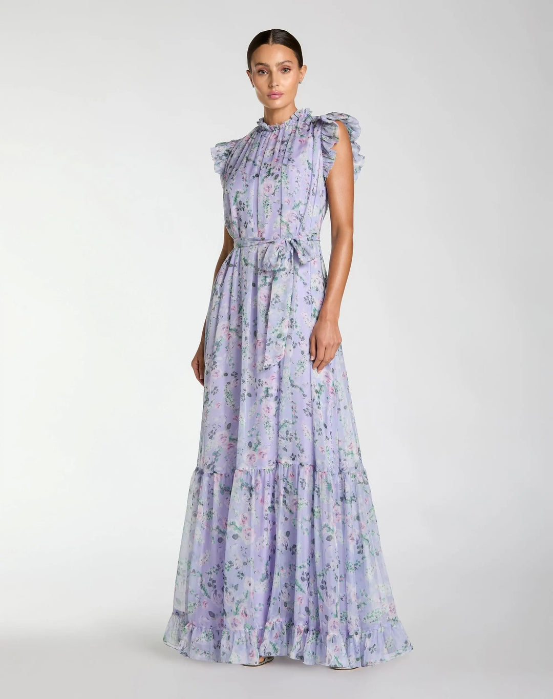 Light Purple Printed Chiffon Ruffle Sleeve Maxi Dress with Bow Belt - FOSTANI.com