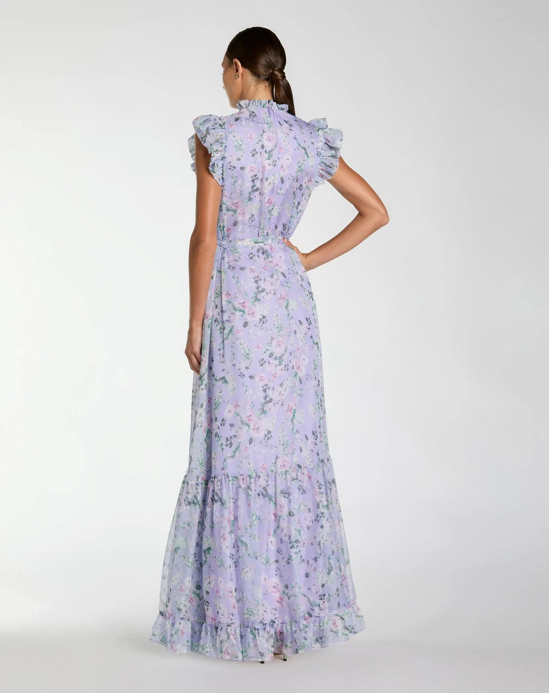 Light Purple Printed Chiffon Ruffle Sleeve Maxi Dress with Bow Belt - FOSTANI.com