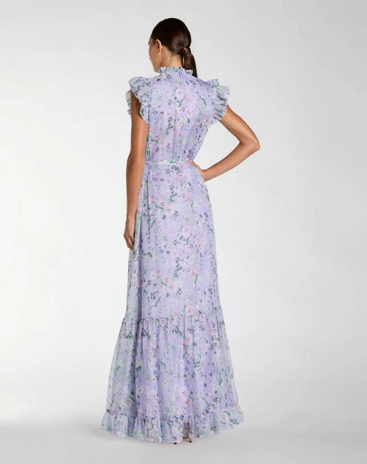 Light Purple Printed Chiffon Ruffle Sleeve Maxi Dress with Bow Belt - FOSTANI.com