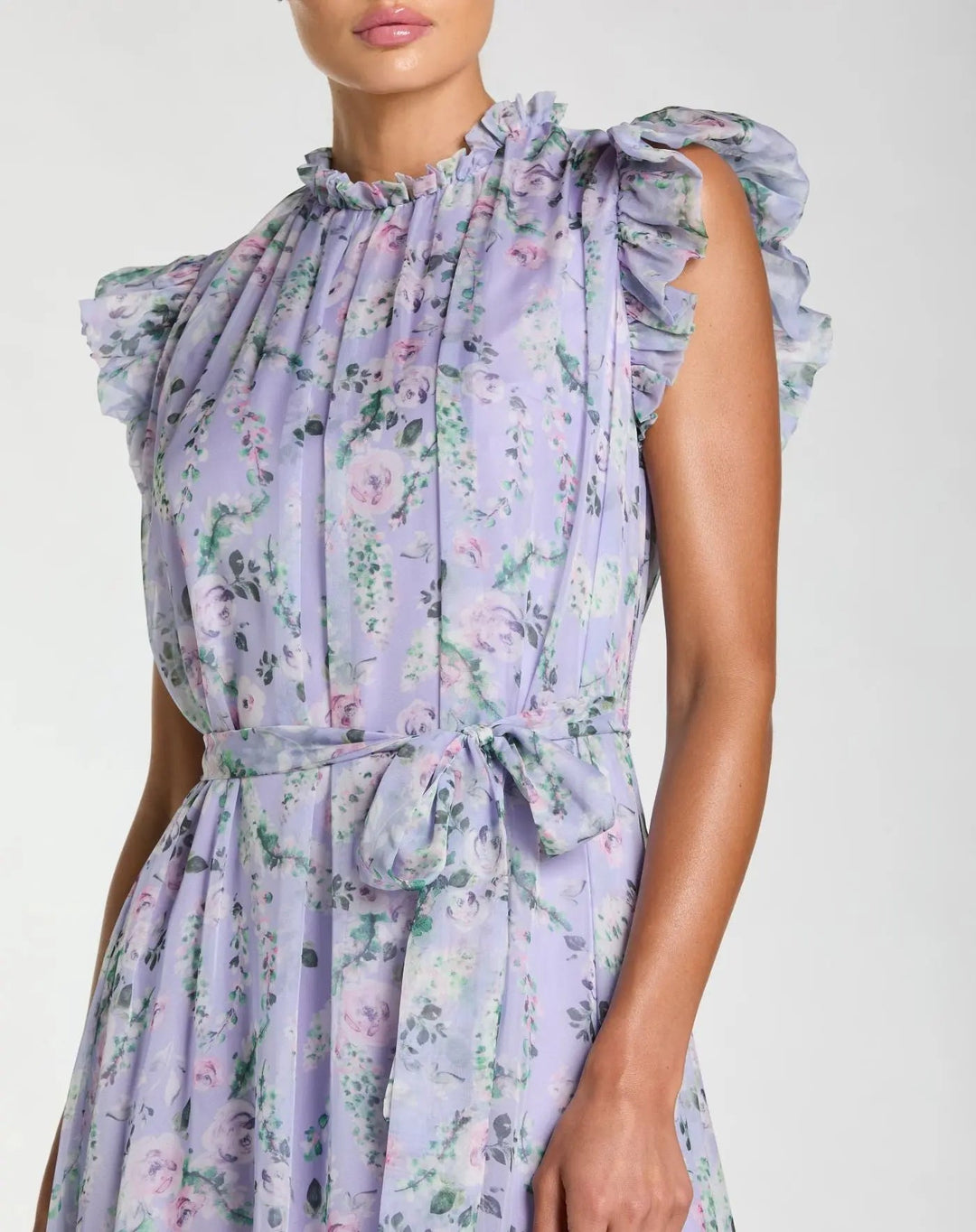 Light Purple Printed Chiffon Ruffle Sleeve Maxi Dress with Bow Belt - FOSTANI.com