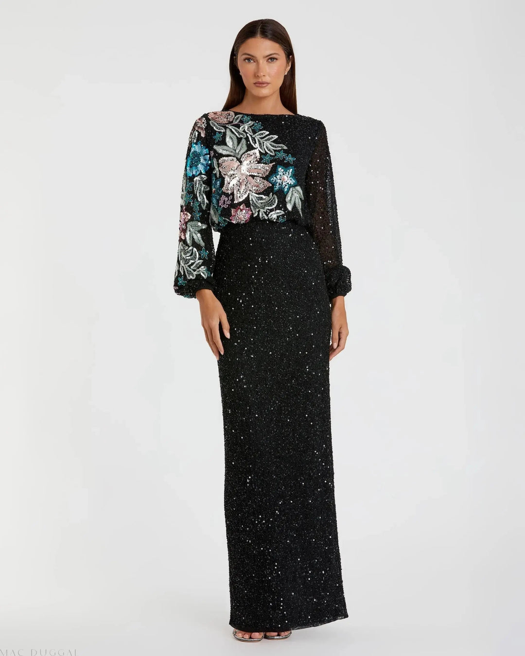 Mac Duggal 5615 High Neck Long Sleeve Sequin Evening Gown