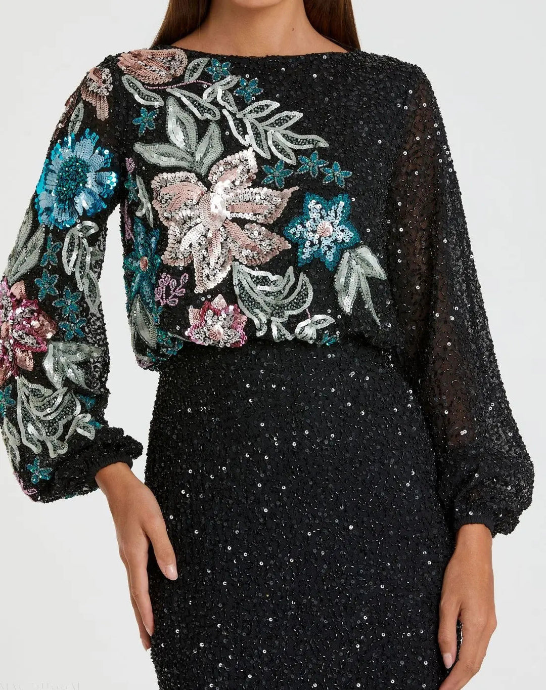Mac Duggal 5615 High Neck Long Sleeve Sequin Evening Gown