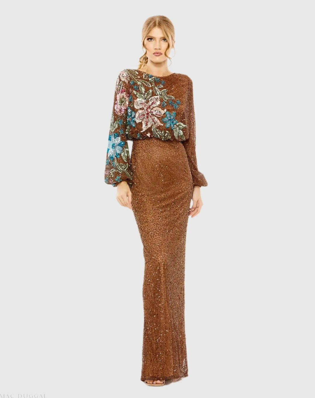 Mac Duggal 5615 High Neck Long Sleeve Sequin Evening Gown