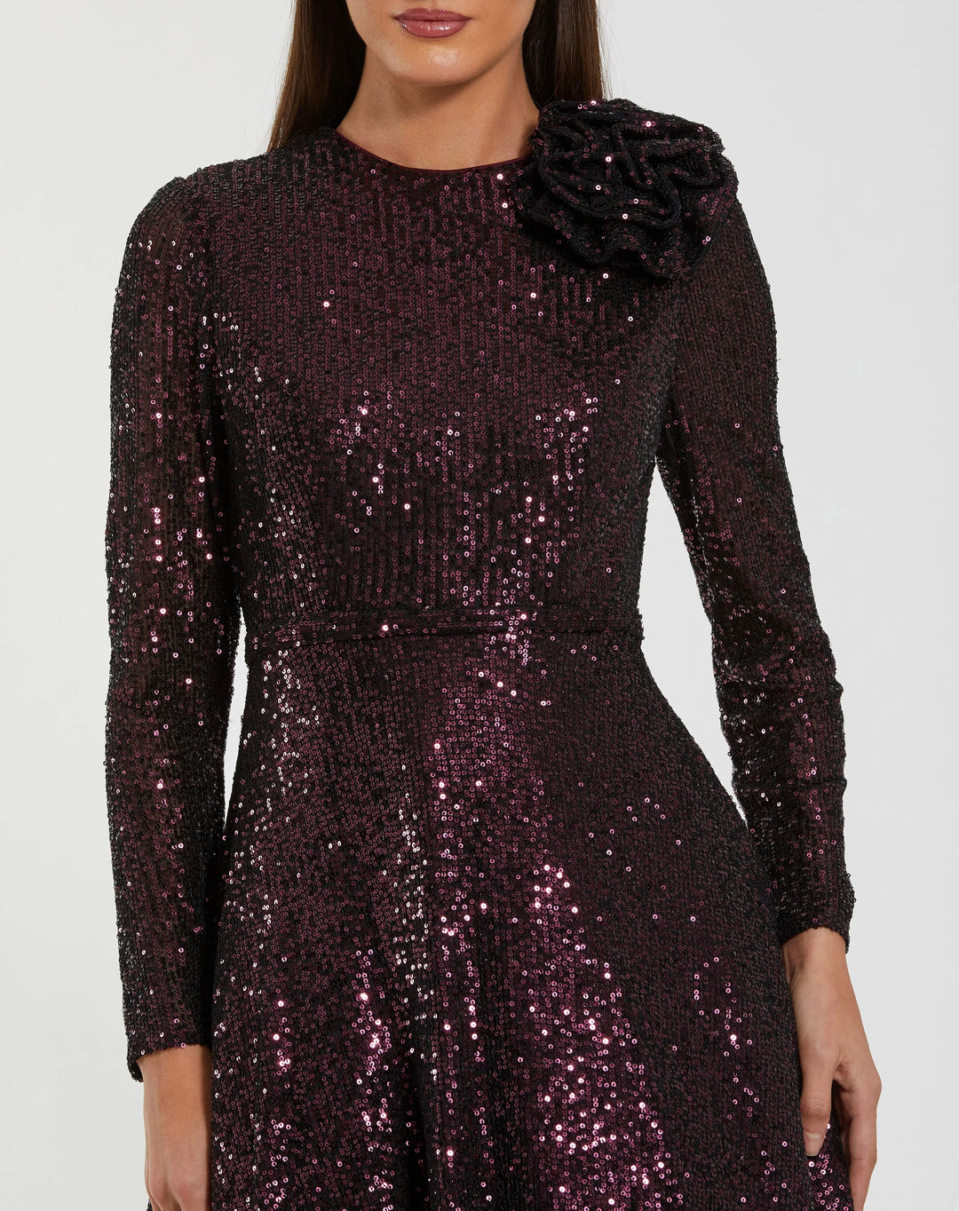 mac duggal long sleeve sequin dress Mac Duggal V-Neck Long Sleeve 3D Floral Sequin Gown