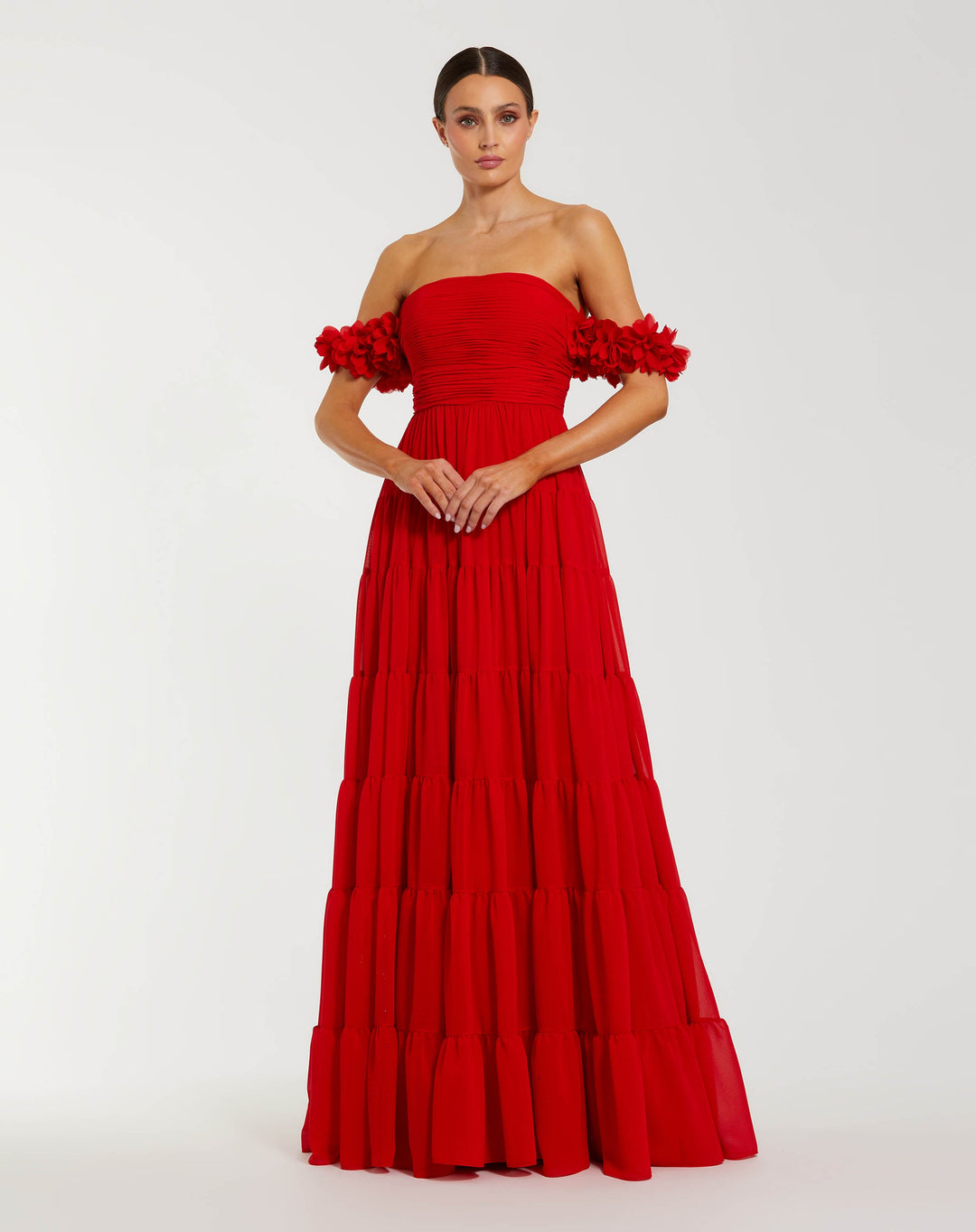 Mac Duggal 56191	 Red Off the Shoulder Tiered Gown With 3D Flowers