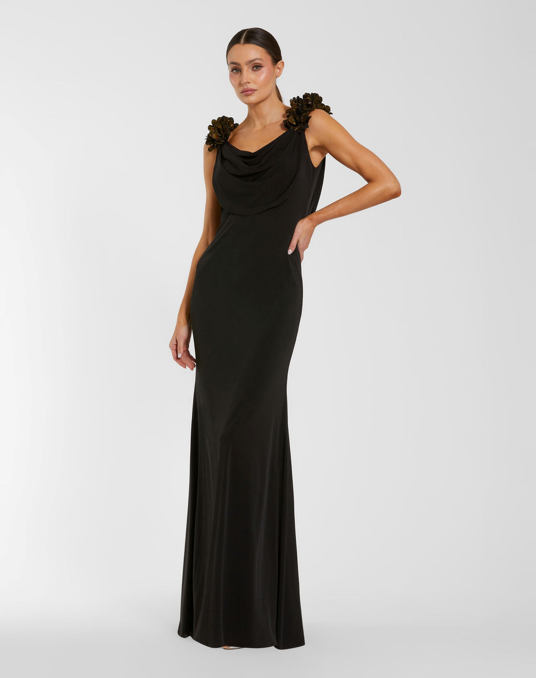 Mac Duggal 56195 Cowl Neck Jersey Gown with 3D Flower Straps