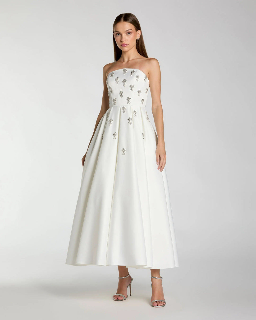 White Crystal Embellished Strapless Satin A-Line Dress - FOSTANI.com