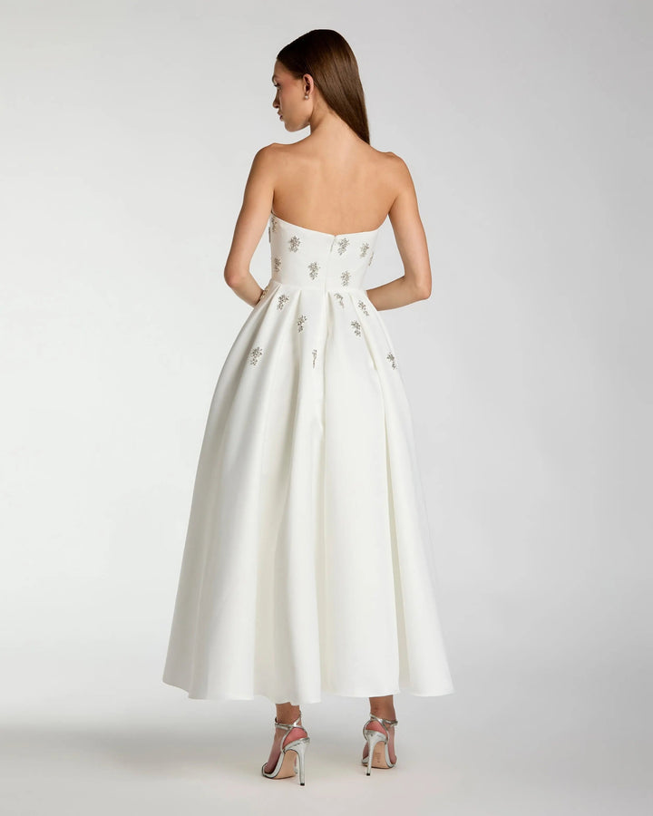 White Crystal Embellished Strapless Satin A-Line Dress - FOSTANI.com