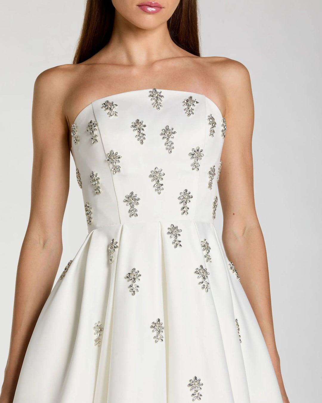 White Crystal Embellished Strapless Satin A-Line Dress - FOSTANI.com